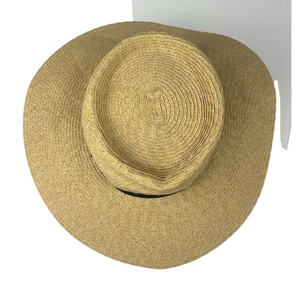 Scala Straw Diego Boater Hat Grosgrain Band Tan Black Sun Summer Packable Beach